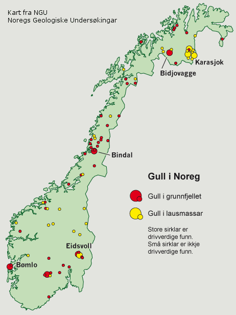 Kart over norske gullfunn og gullgruver